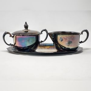 Sheridan Vintage Silver Plated Creamer &‎ Sugar Bowl W/Lid And Oval Serving Tray